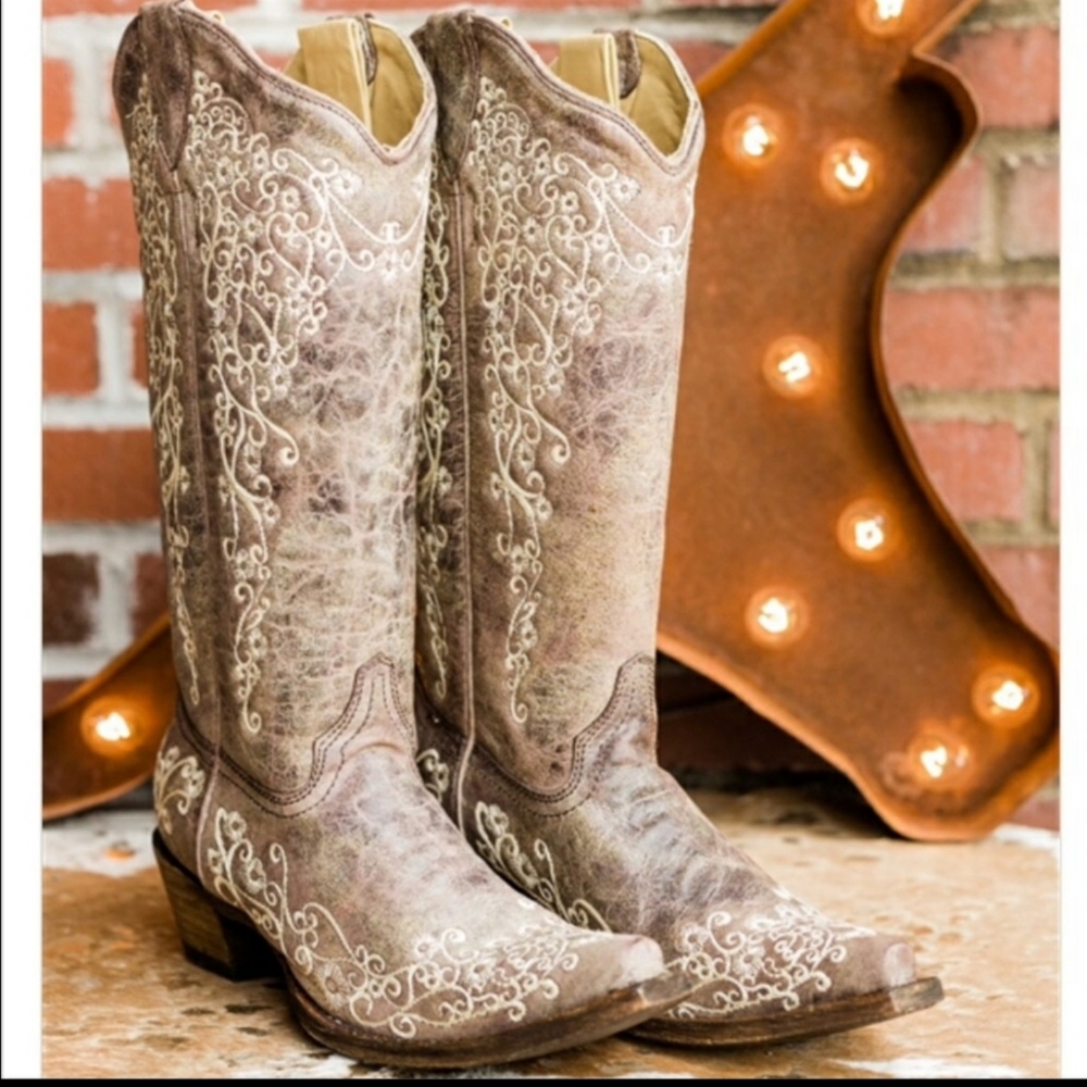 🆕 CORRAL ivory floral brown leather cowboy boots